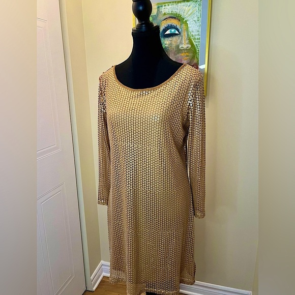 Costa Blanca gold sequin tunic dress / fully lined/  3/4 sleeves 💛💛💛💛In EUC. - Picture 2 of 12